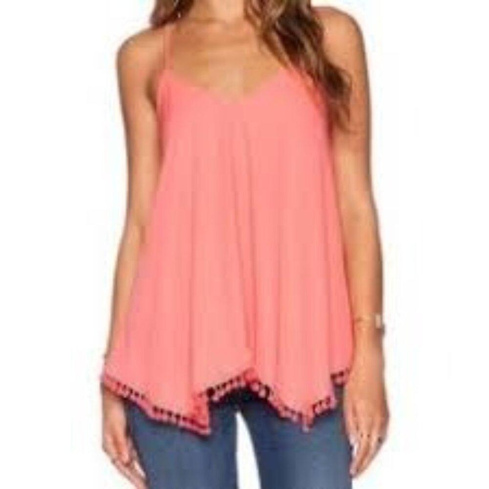 VaVa‎ by Joy Han Chic Cottage core  Coral Pink Pom Pom Hem Spaghetti Strap Top